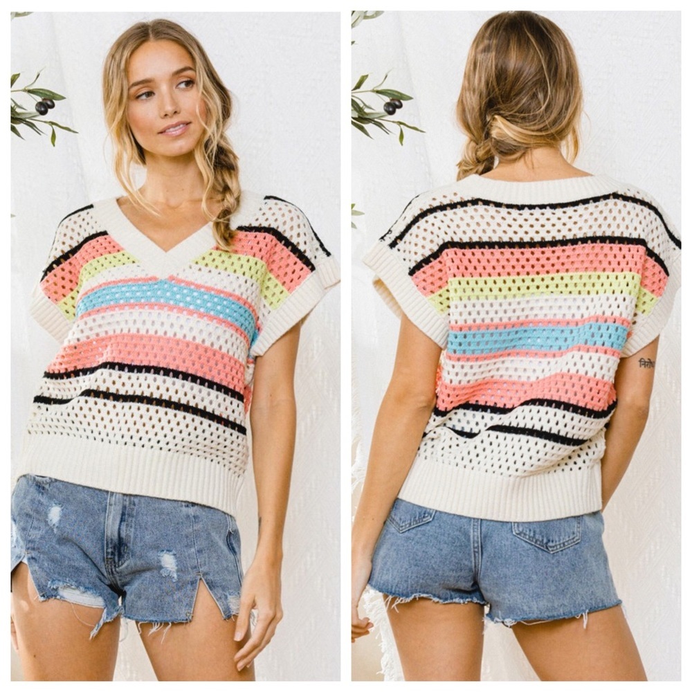 3-Pack Open Knit Multi-Color Stripe V-Neck Sweater Top / Color Block